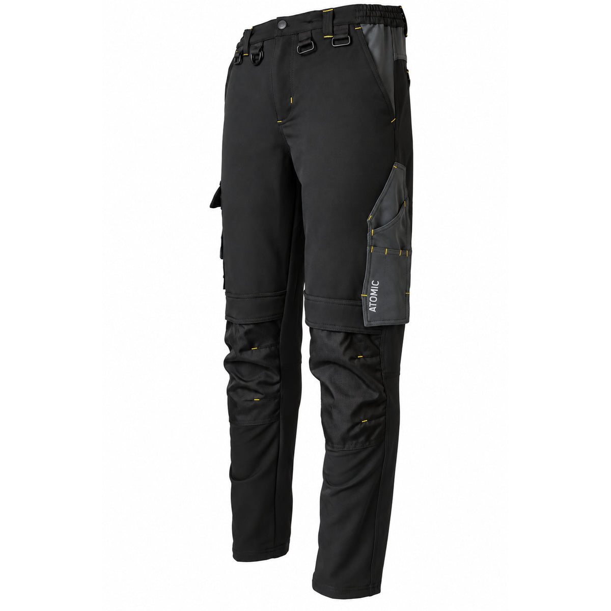 Black technical work pants with dark gray paneling and small yellow stitching accents, shown on a plain white background.