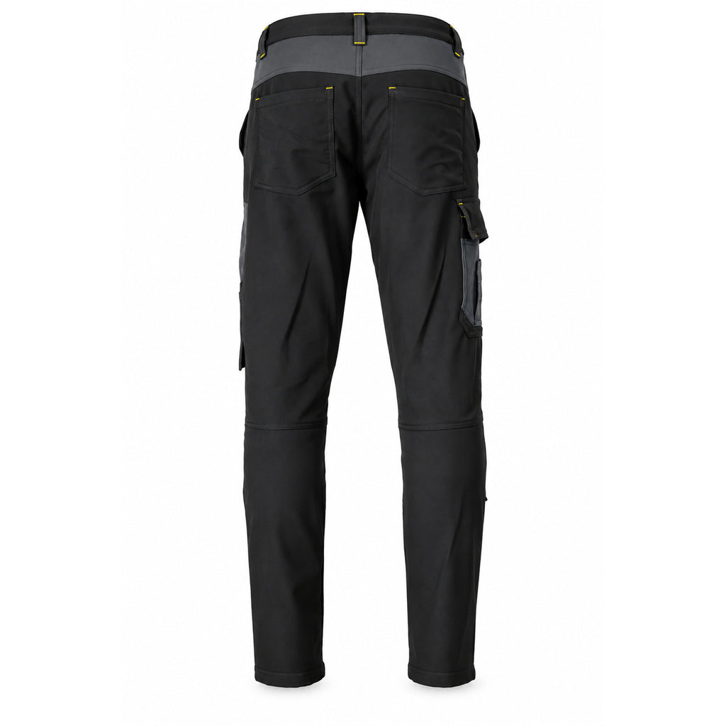 Rear view of black ATOMIC technical work trousers showing back pockets, contrast waistband panel and utility pockets.