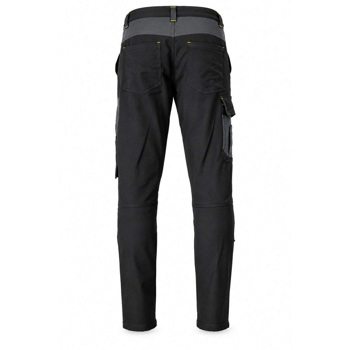 Rear view of black ATOMIC technical work trousers showing back pockets, contrast waistband panel and utility pockets.