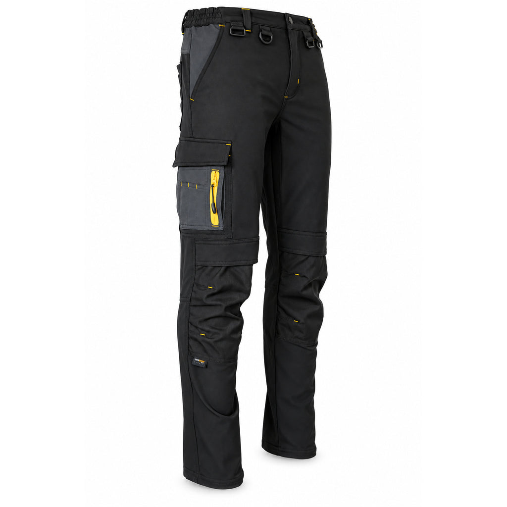 Black ATOMIC technical work trousers with reinforced knees and multi-pocket design – three-quarter view.