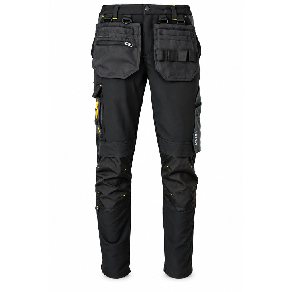 Black ATOMIC technical work trousers with detachable-style holster pockets, tool compartments and reinforced knees.