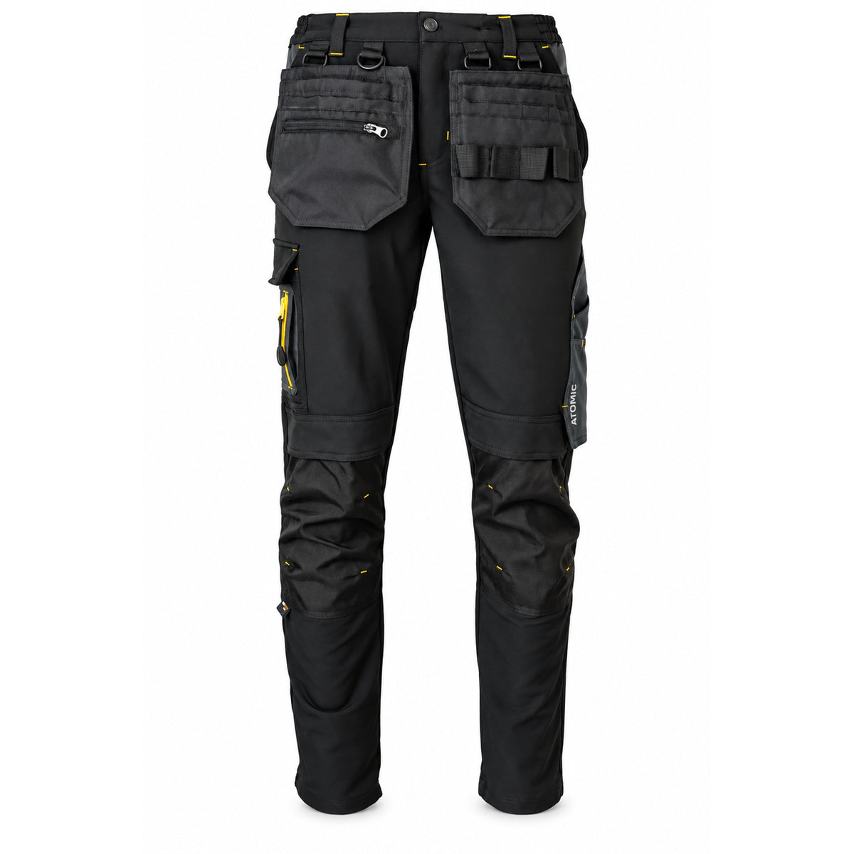 Black ATOMIC technical work trousers with detachable-style holster pockets, tool compartments and reinforced knees.