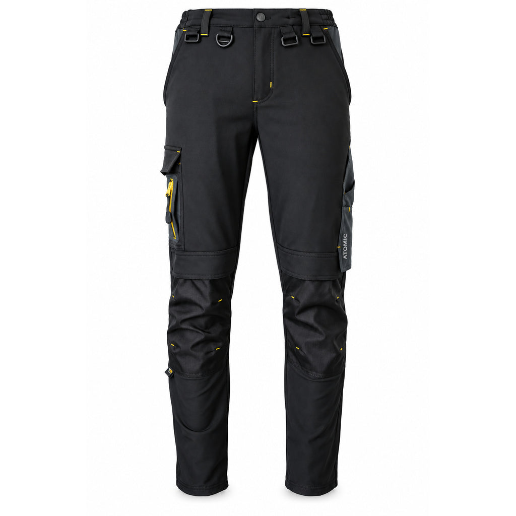 Black ATOMIC technical work trousers with reinforced knee panels, utility pockets and yellow detailing – front view.