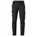 Black ATOMIC technical work trousers with reinforced knee panels, utility pockets and yellow detailing – front view.