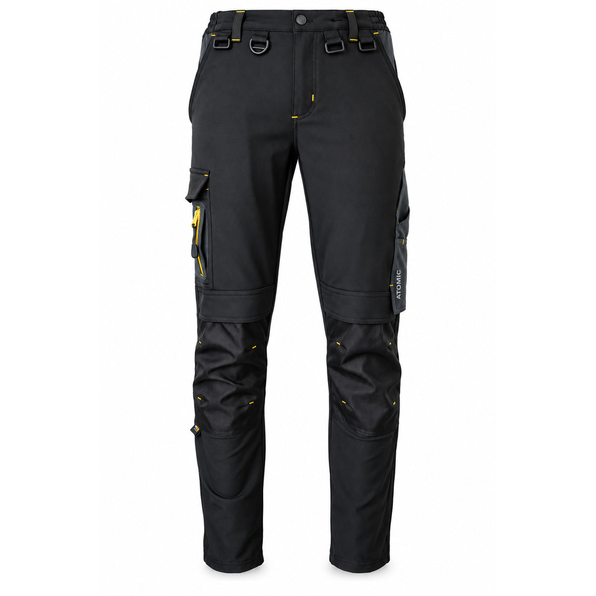 Black ATOMIC technical work trousers with reinforced knee panels, utility pockets and yellow detailing – front view.