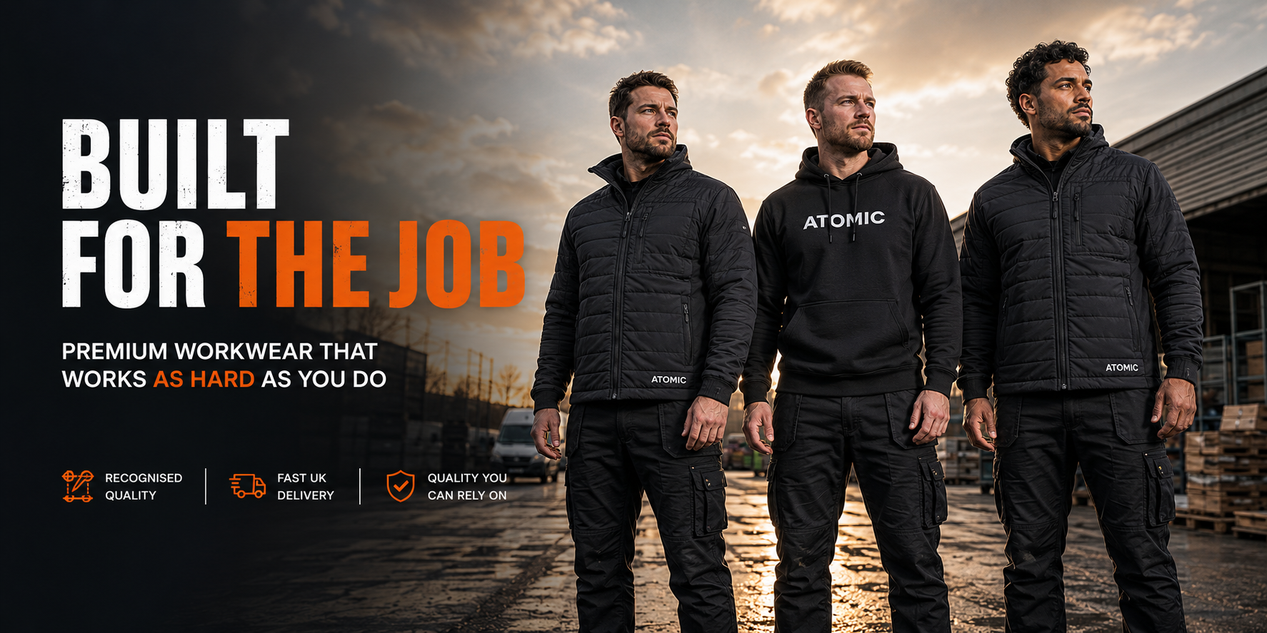 Three men wearing black workwear with 'Atomic' branding against a sunset sky.