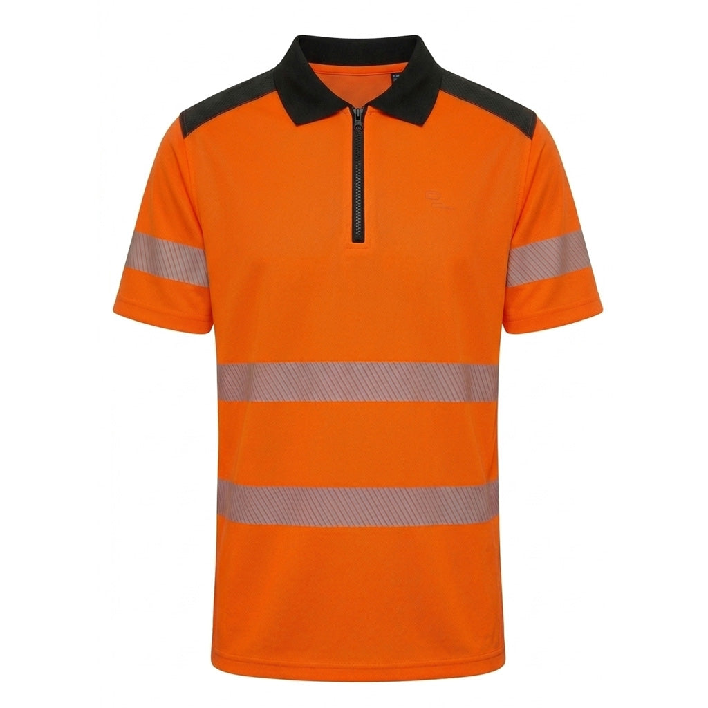 Orange safety polo shirt with reflective stripes on a white background