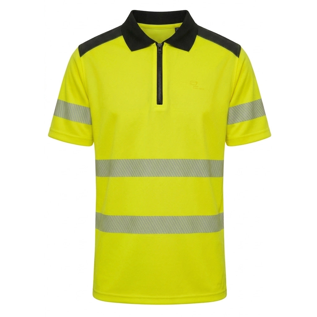Yellow safety polo shirt with reflective stripes on a white background