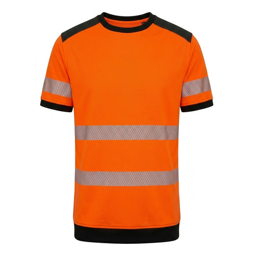 Orange safety shirt with reflective stripes on a white background
