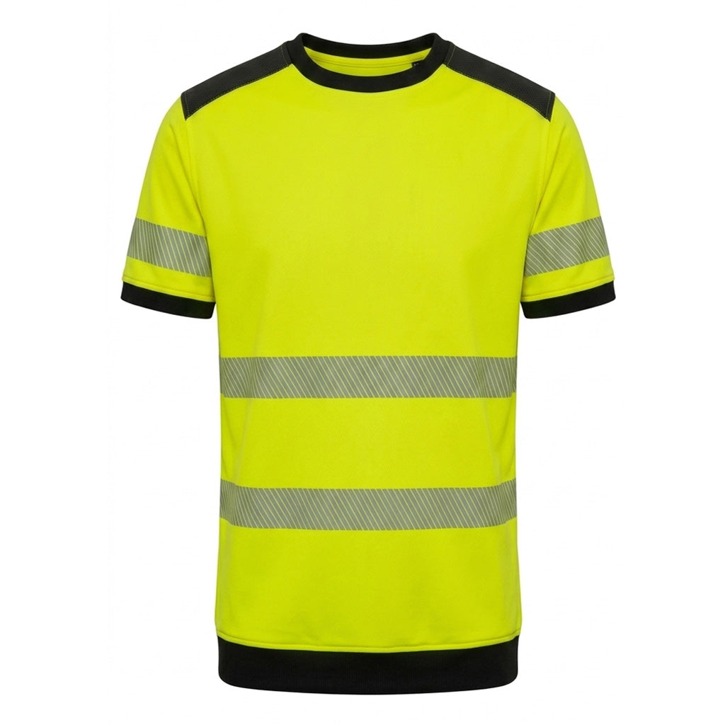 High-visibility yellow t-shirt with reflective stripes on a white background