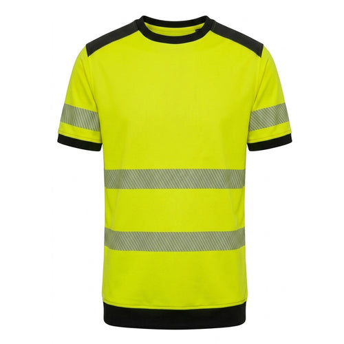 High-visibility yellow t-shirt with reflective stripes on a white background