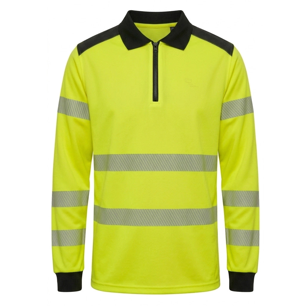 High-visibility yellow long-sleeve shirt with reflective stripes on a white background