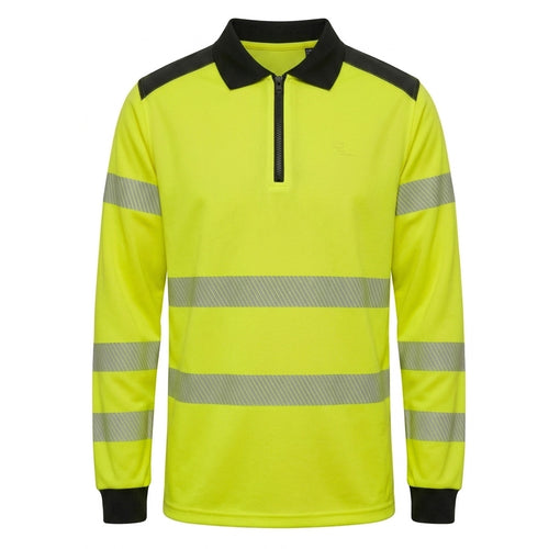 High-visibility yellow long-sleeve shirt with reflective stripes on a white background