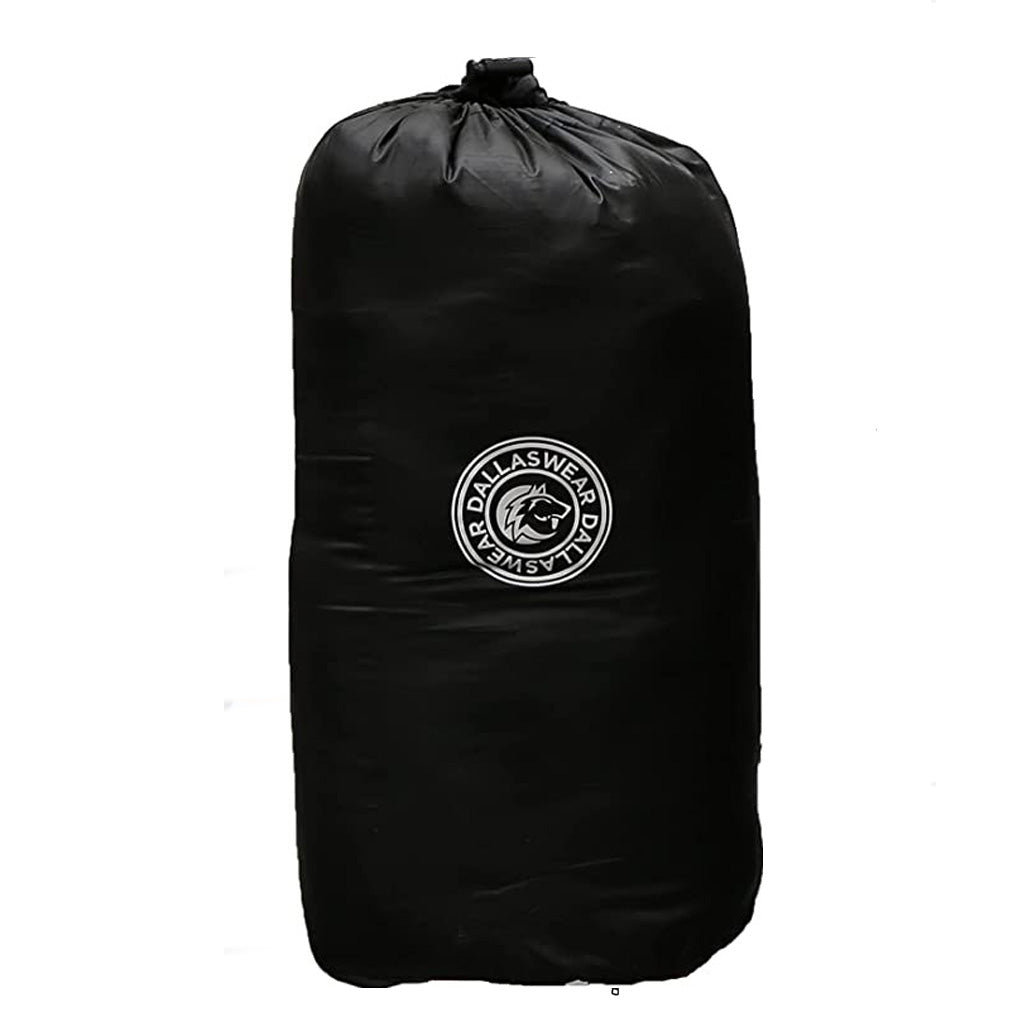 Black drawstring bag with a logo on a white background