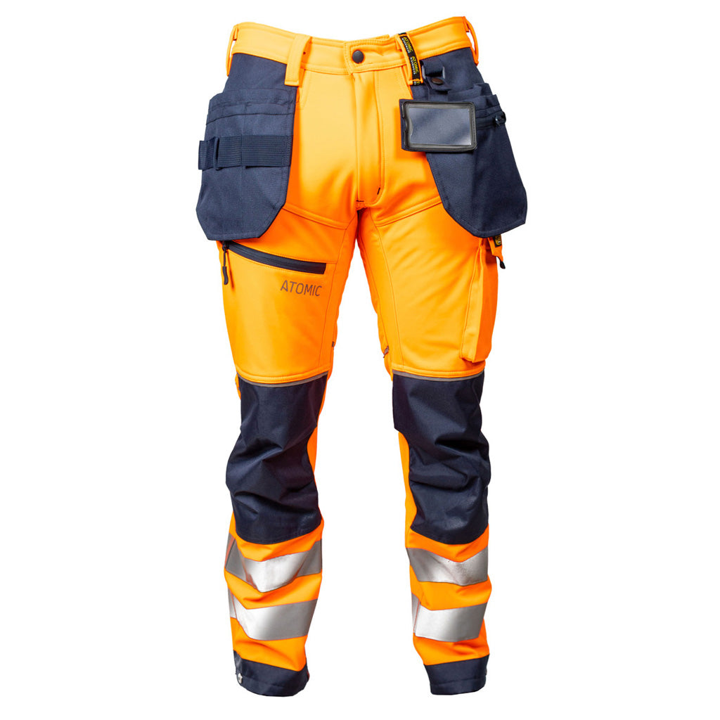 Orange and navy work pants with reflective stripes on a white background