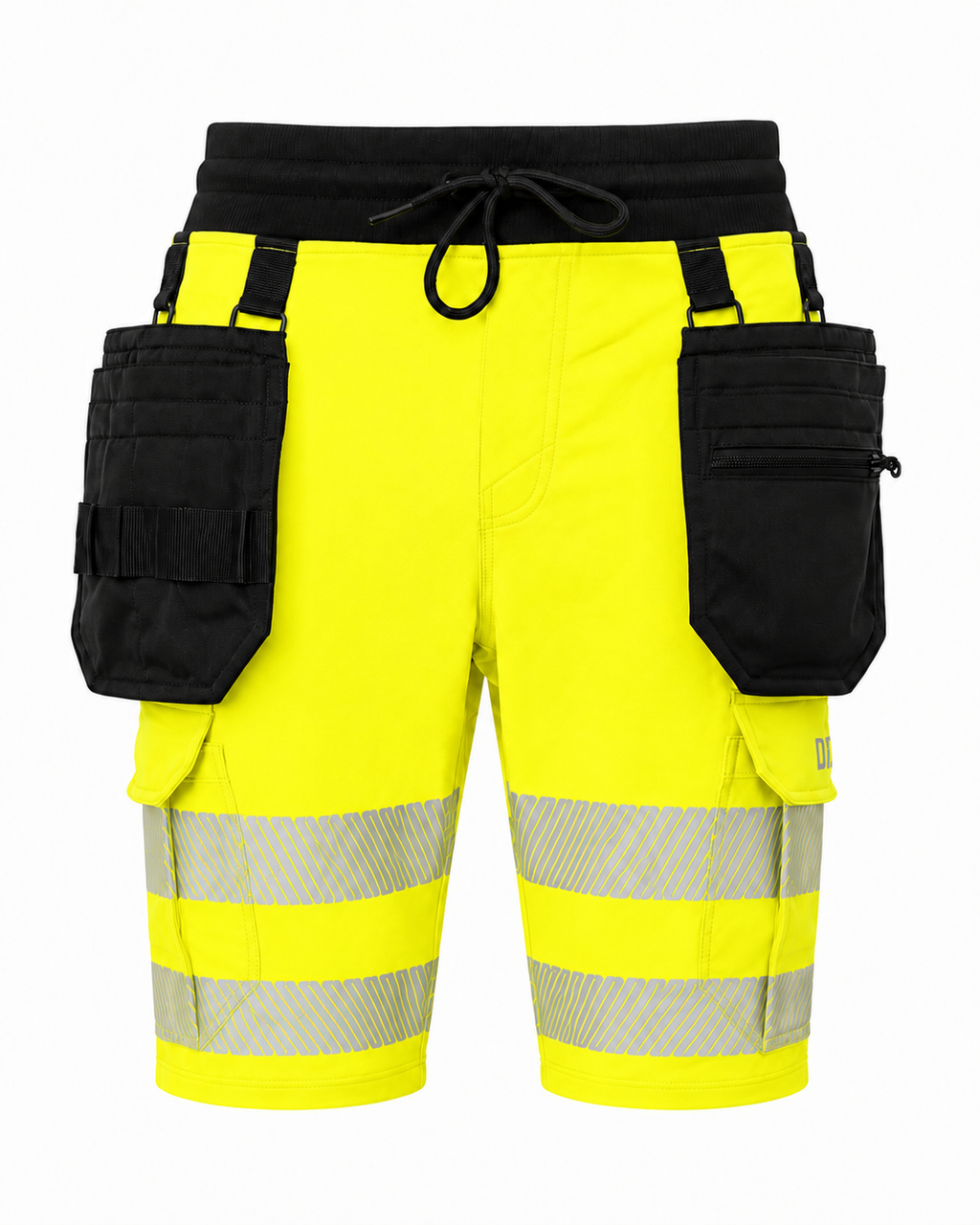 Stretch High-visibility neon yellow cargo shorts with black utility pockets, a black drawstring waist, and reflective silver stripes on the legs, shown against a plain white background.