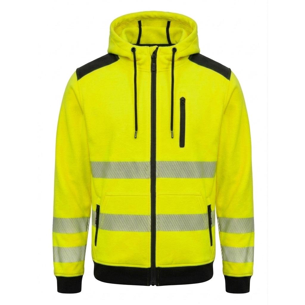 Yellow safety jacket with reflective stripes on a white background
