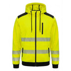 Yellow safety jacket with reflective stripes on a white background
