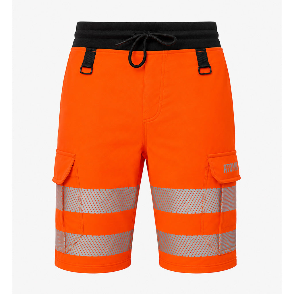 High-visibility orange cargo shorts with reflective silver stripes on the lower legs, a black elastic waistband, and black drawstring, shown against a light gray background.